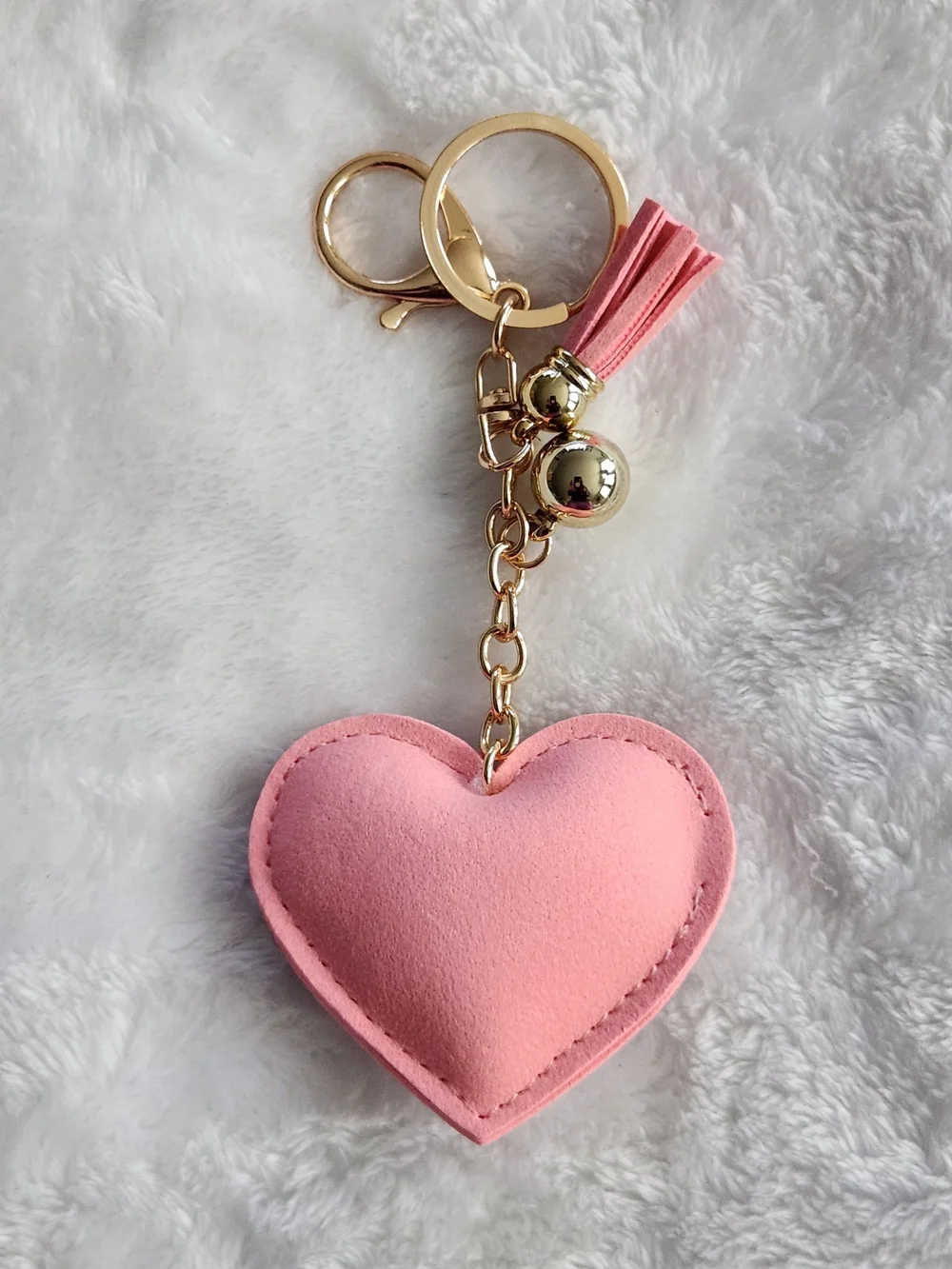 Pink Heart Rhinestone Keychain with Tassel Checkered Bag Charm